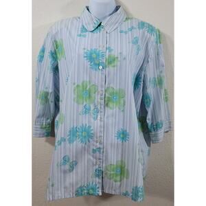 Allison Daley Blue Green Striped Floral Butterflies Button Up Top 16 Lightweight
